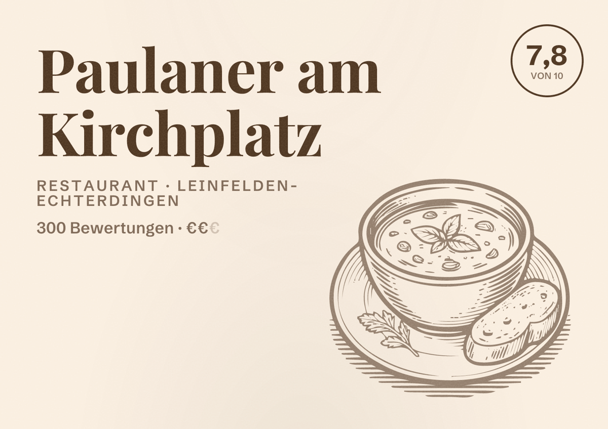 Illustriertes Poster von Paulaner am Kirchplatz, Restaurant in Leinfelden-Echterdingen: Bewertung 7,8 von 10 aus 300 Bewertungen, Preisniveau €€
