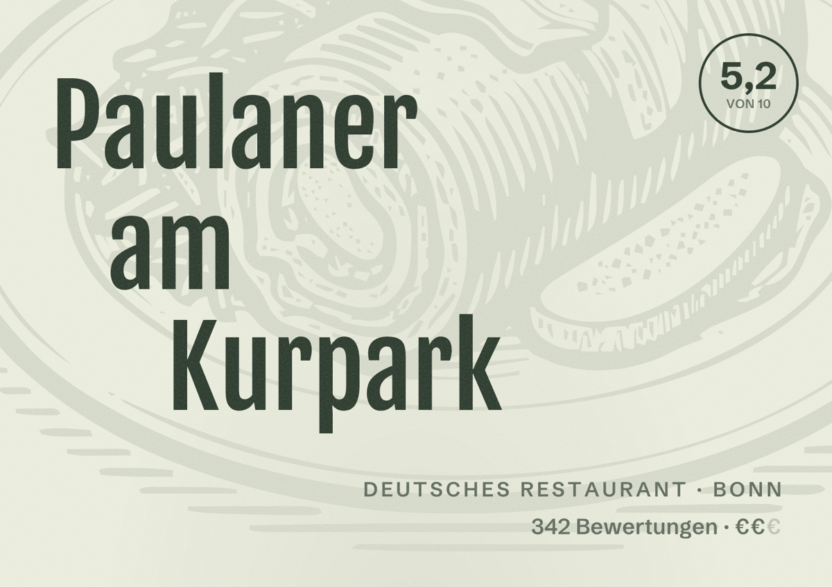 Illustriertes Poster von Paulaner am Kurpark, Deutsches Restaurant in Bonn: Bewertung 5,2 von 10 aus 342 Bewertungen, Preisniveau €€