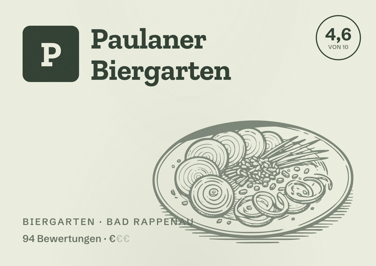 Illustriertes Poster von Paulaner Biergarten, Biergarten in Bad Rappenau: Bewertung 4,6 von 10 aus 94 Bewertungen, Preisniveau €