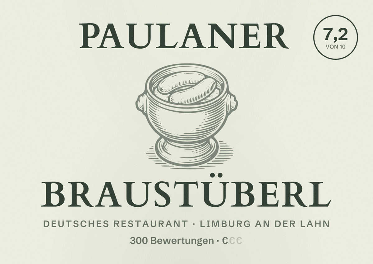 Illustriertes Poster von Paulaner Braustüberl, Deutsches Restaurant in Limburg an der Lahn: Bewertung 7,2 von 10 aus 300 Bewertungen, Preisniveau €