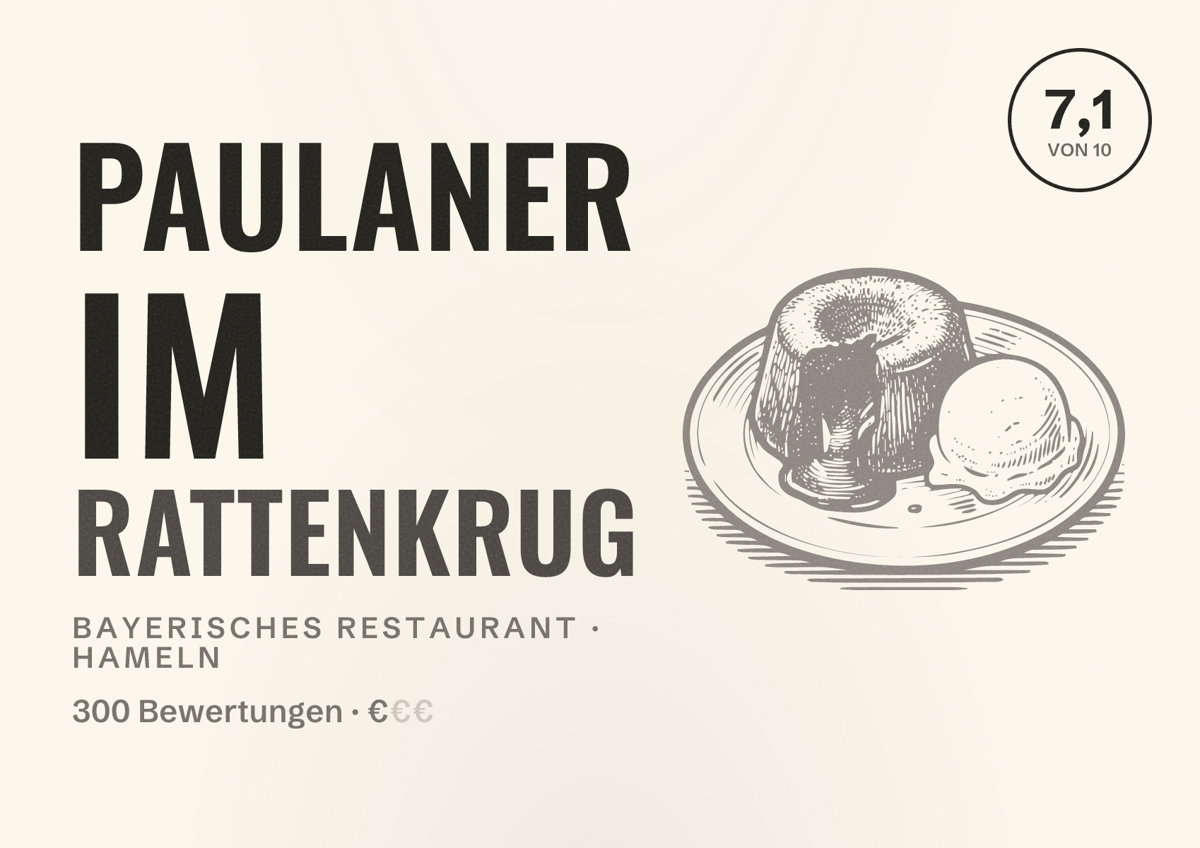 Illustriertes Poster von Paulaner Im Rattenkrug, Bayerisches Restaurant in Hameln: Bewertung 7,1 von 10 aus 300 Bewertungen, Preisniveau €