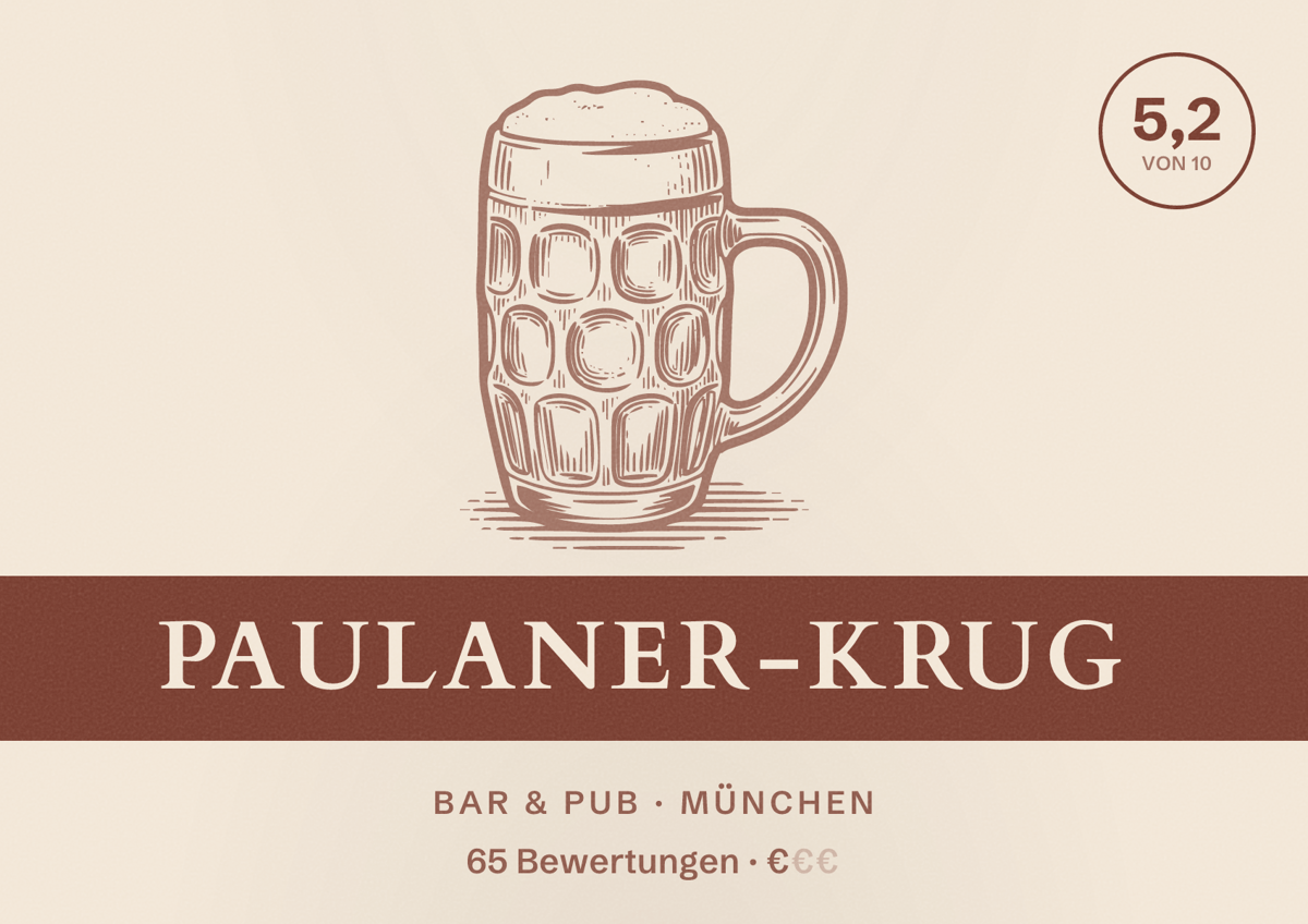 Illustriertes Poster von Paulaner-Krug, Bar & Pub in München: Bewertung 5,2 von 10 aus 65 Bewertungen, Preisniveau €