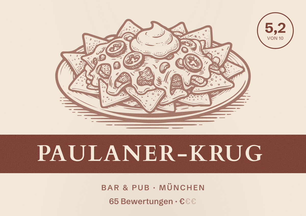 Illustriertes Poster von Paulaner-Krug, Bar & Pub in München: Bewertung 5,2 von 10 aus 65 Bewertungen, Preisniveau €