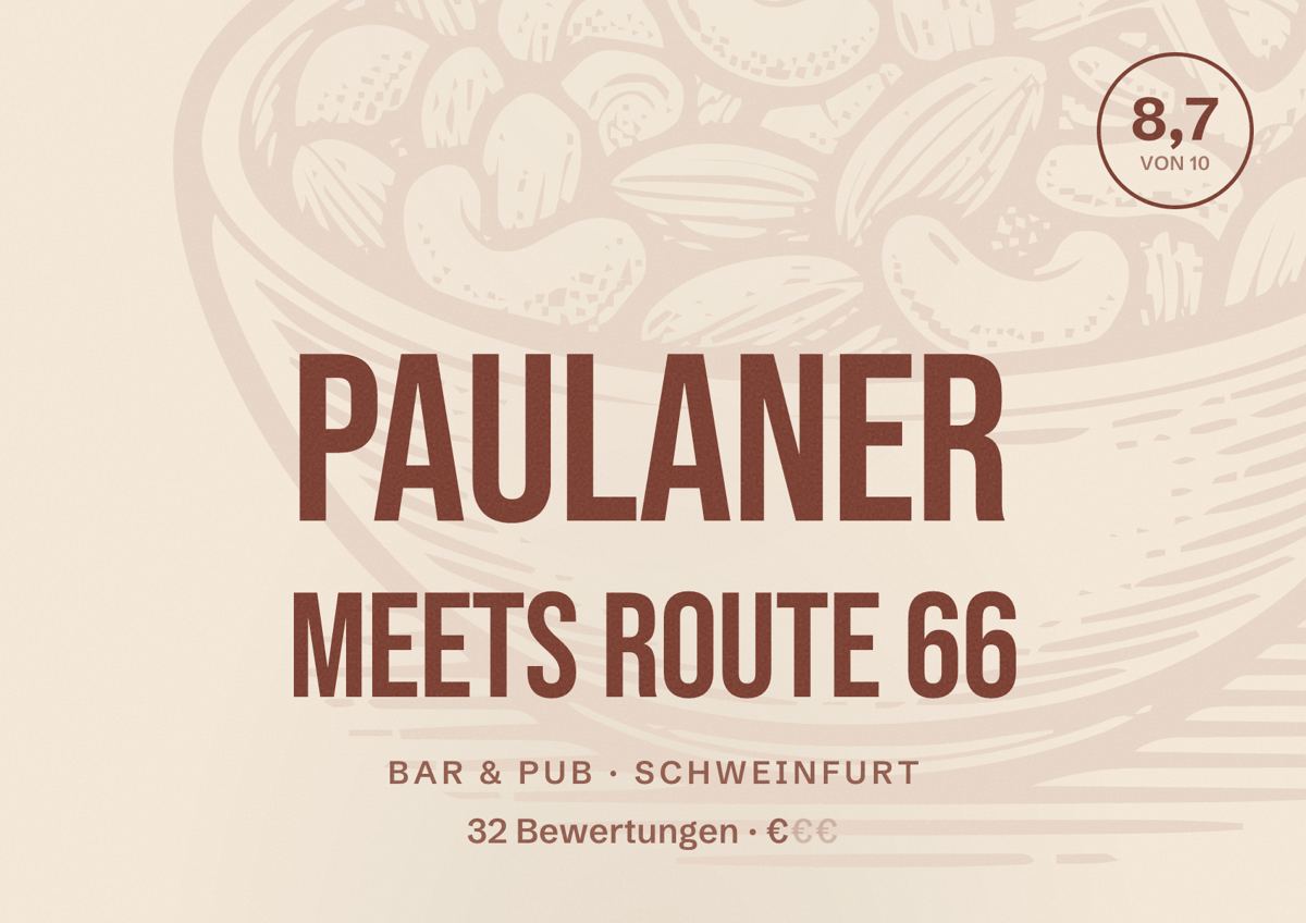 Illustriertes Poster von Paulaner Meets Route 66, Bar & Pub in Schweinfurt: Bewertung 8,7 von 10 aus 32 Bewertungen, Preisniveau €