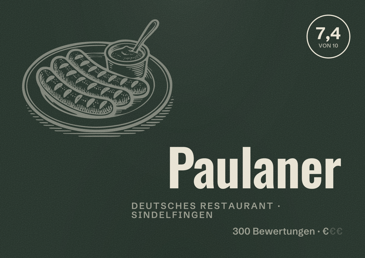 Illustriertes Poster von Paulaner, Deutsches Restaurant in Sindelfingen: Bewertung 7,4 von 10 aus 300 Bewertungen, Preisniveau €