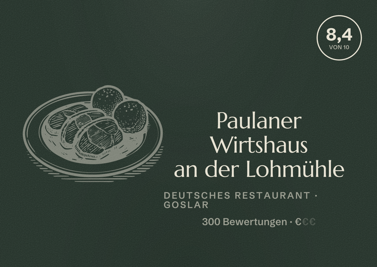 Illustriertes Poster von Paulaner Wirtshaus an der Lohmühle, Deutsches Restaurant in Goslar: Bewertung 8,4 von 10 aus 300 Bewertungen, Preisniveau €
