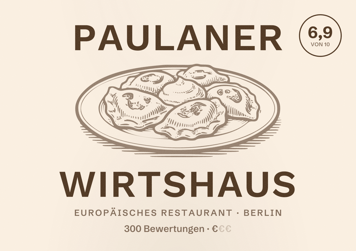 Illustriertes Poster von Paulaner Wirtshaus, Europäisches Restaurant in Berlin: Bewertung 6,9 von 10 aus 300 Bewertungen, Preisniveau €