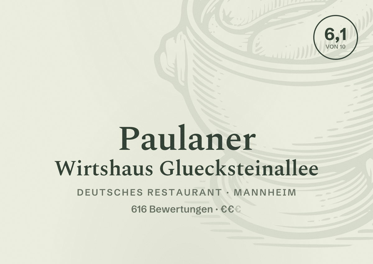 Illustriertes Poster von Paulaner Wirtshaus Gluecksteinallee, Deutsches Restaurant in Mannheim: Bewertung 6,1 von 10 aus 616 Bewertungen, Preisniveau €€