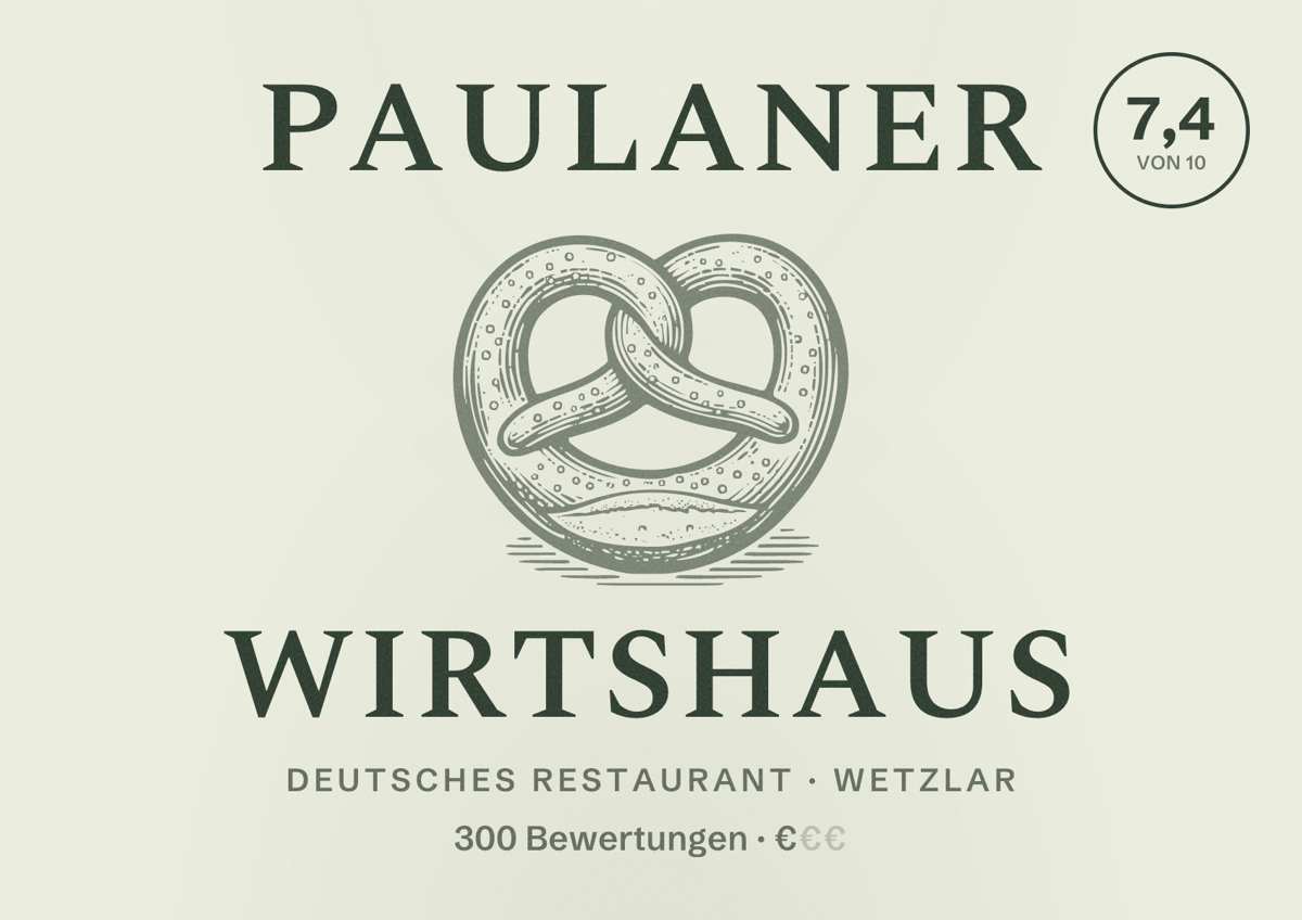 Illustriertes Poster von Paulaner Wirtshaus, Deutsches Restaurant in Wetzlar: Bewertung 7,4 von 10 aus 300 Bewertungen, Preisniveau €