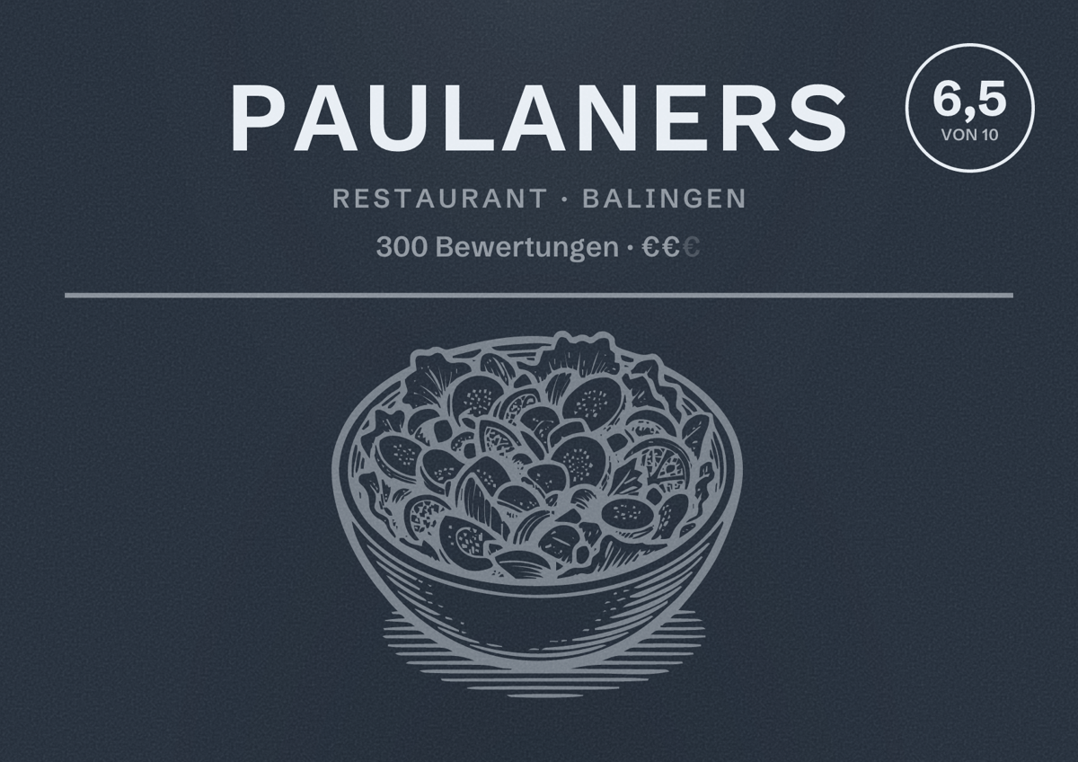 Illustriertes Poster von Paulaners, Restaurant in Balingen: Bewertung 6,5 von 10 aus 300 Bewertungen, Preisniveau €€