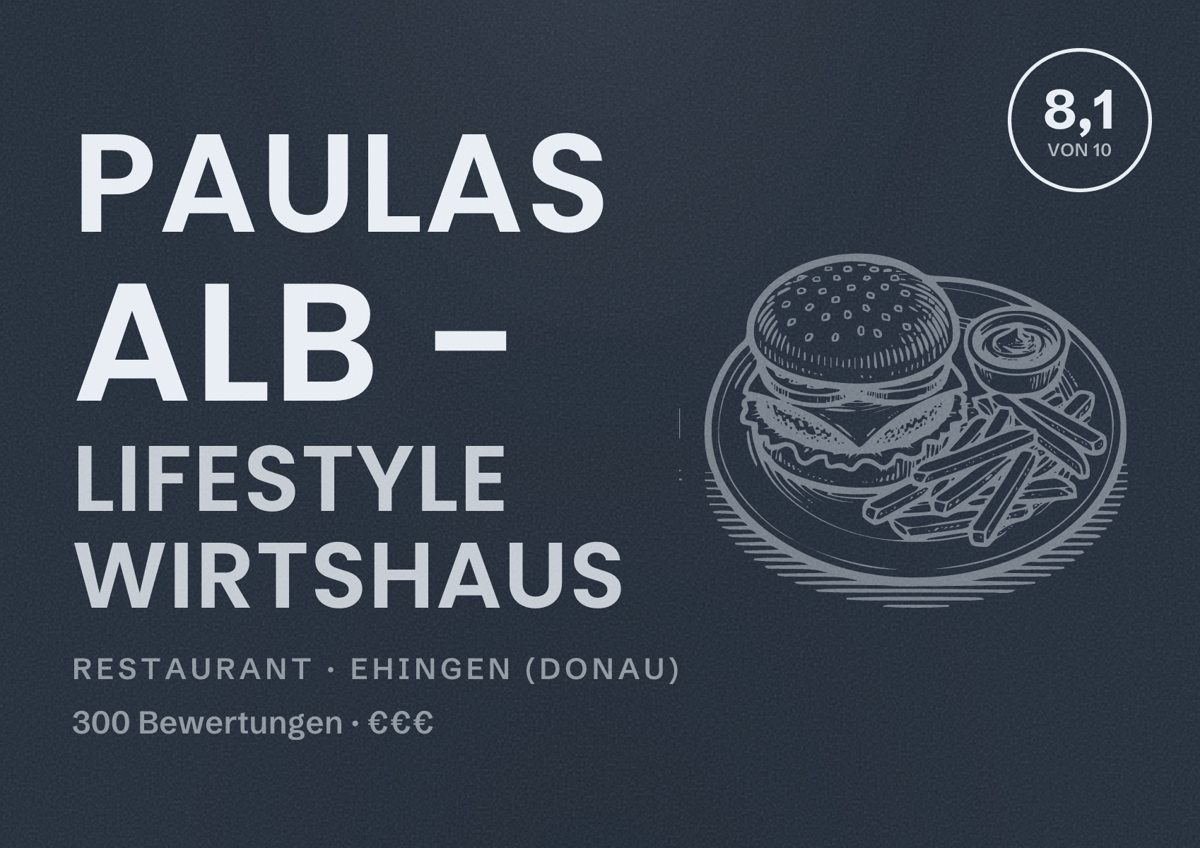Illustriertes Poster von Paulas Alb - Lifestyle Wirtshaus, Restaurant in Ehingen (Donau): Bewertung 8,1 von 10 aus 300 Bewertungen, Preisniveau €€€