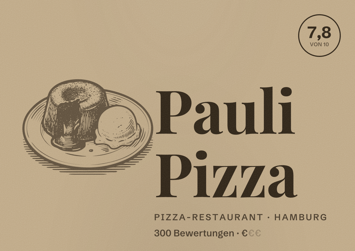 Illustriertes Poster von Pauli Pizza, Pizza-Restaurant in Hamburg: Bewertung 7,8 von 10 aus 300 Bewertungen, Preisniveau €