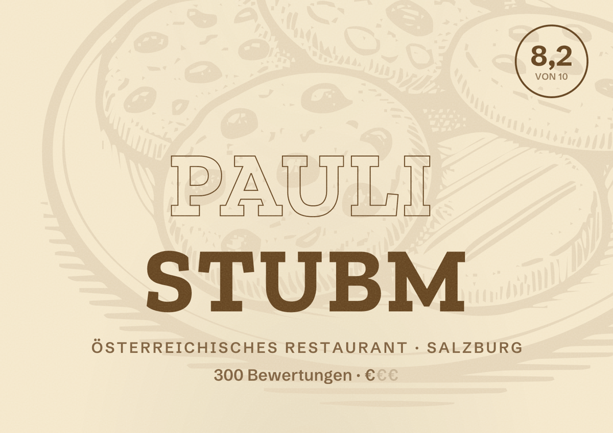 Illustriertes Poster von Pauli Stubm, Österreichisches Restaurant in Salzburg: Bewertung 8,2 von 10 aus 300 Bewertungen, Preisniveau €