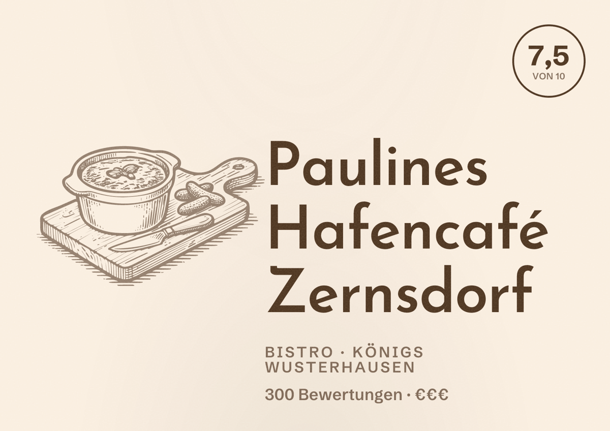 Illustriertes Poster von Paulines Hafencafé Zernsdorf, Bistro in Königs Wusterhausen: Bewertung 7,5 von 10 aus 300 Bewertungen, Preisniveau €€€
