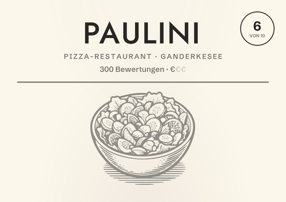 Illustriertes Poster von Paulini, Pizza-Restaurant in Ganderkesee: Bewertung 6 von 10 aus 300 Bewertungen, Preisniveau €