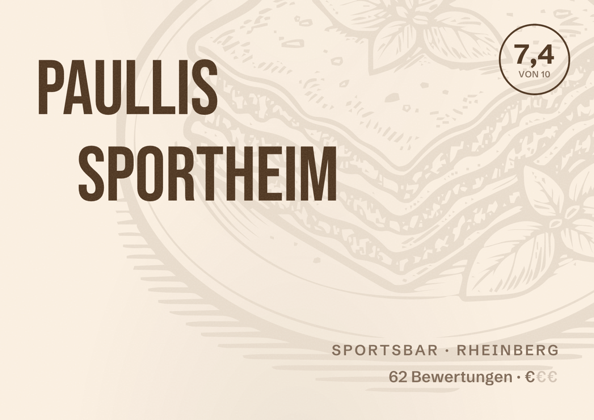 Illustriertes Poster von Paullis Sportheim, Sportsbar in Rheinberg: Bewertung 7,4 von 10 aus 62 Bewertungen, Preisniveau €