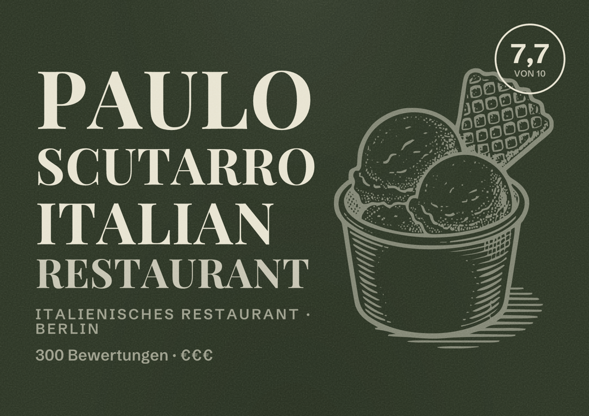 Illustriertes Poster von Paulo Scutarro Italian Restaurant, Italienisches Restaurant in Berlin: Bewertung 7,7 von 10 aus 300 Bewertungen, Preisniveau €€€