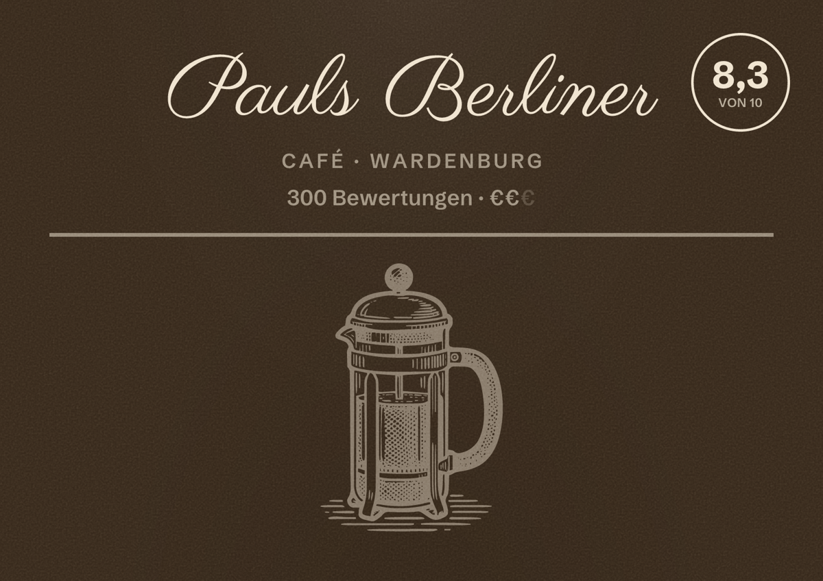 Illustriertes Poster von Pauls Berliner, Café in Wardenburg: Bewertung 8,3 von 10 aus 300 Bewertungen, Preisniveau €€
