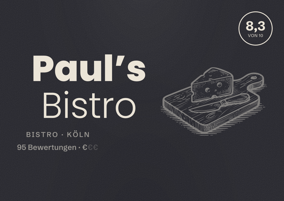 Illustriertes Poster von Paul’s Bistro, Bistro in Köln: Bewertung 8,3 von 10 aus 95 Bewertungen, Preisniveau €