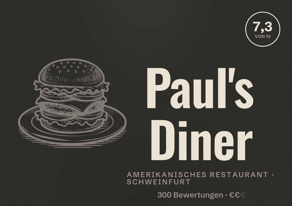 Illustriertes Poster von Paul's Diner, Amerikanisches Restaurant in Schweinfurt: Bewertung 7,3 von 10 aus 300 Bewertungen, Preisniveau €€