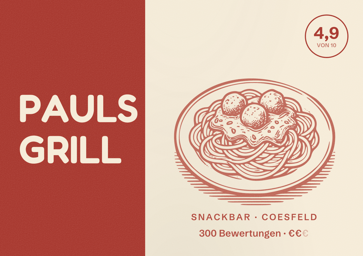 Illustriertes Poster von PAULS GRILL, Snackbar in Coesfeld: Bewertung 4,9 von 10 aus 300 Bewertungen, Preisniveau €€