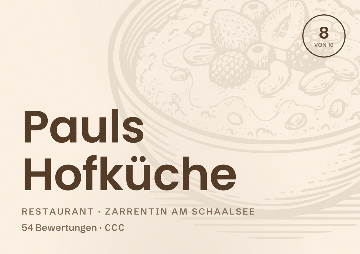 Illustriertes Poster von Pauls Hofküche, Restaurant in Zarrentin am Schaalsee: Bewertung 8 von 10 aus 54 Bewertungen, Preisniveau €€€