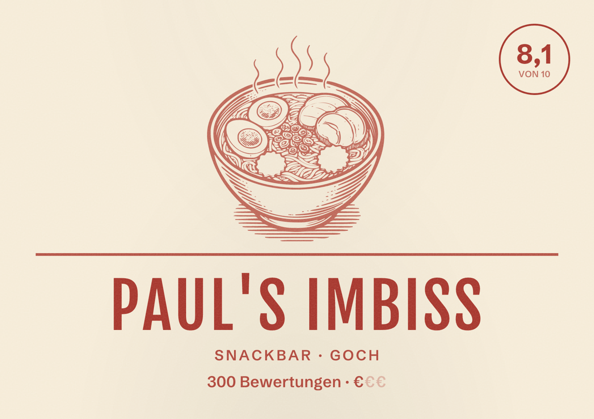 Illustriertes Poster von Paul's Imbiss, Snackbar in Goch: Bewertung 8,1 von 10 aus 300 Bewertungen, Preisniveau €