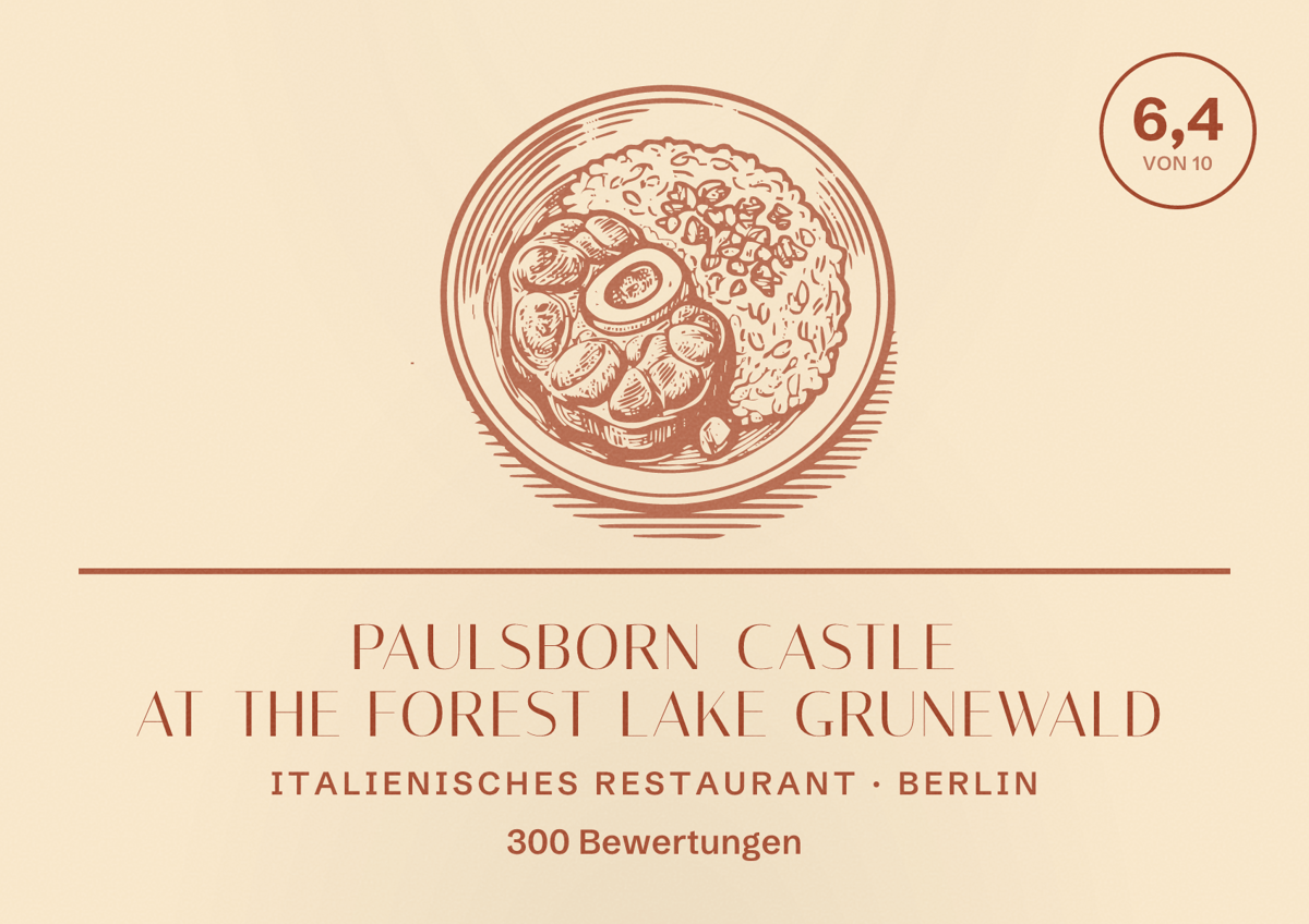 Illustriertes Poster von Paulsborn castle at the forest lake Grunewald, Italienisches Restaurant in Berlin: Bewertung 6,4 von 10 aus 300 Bewertungen