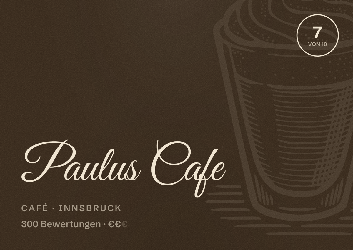 Illustriertes Poster von Paulus Cafe, Café in Innsbruck: Bewertung 7 von 10 aus 300 Bewertungen, Preisniveau €€