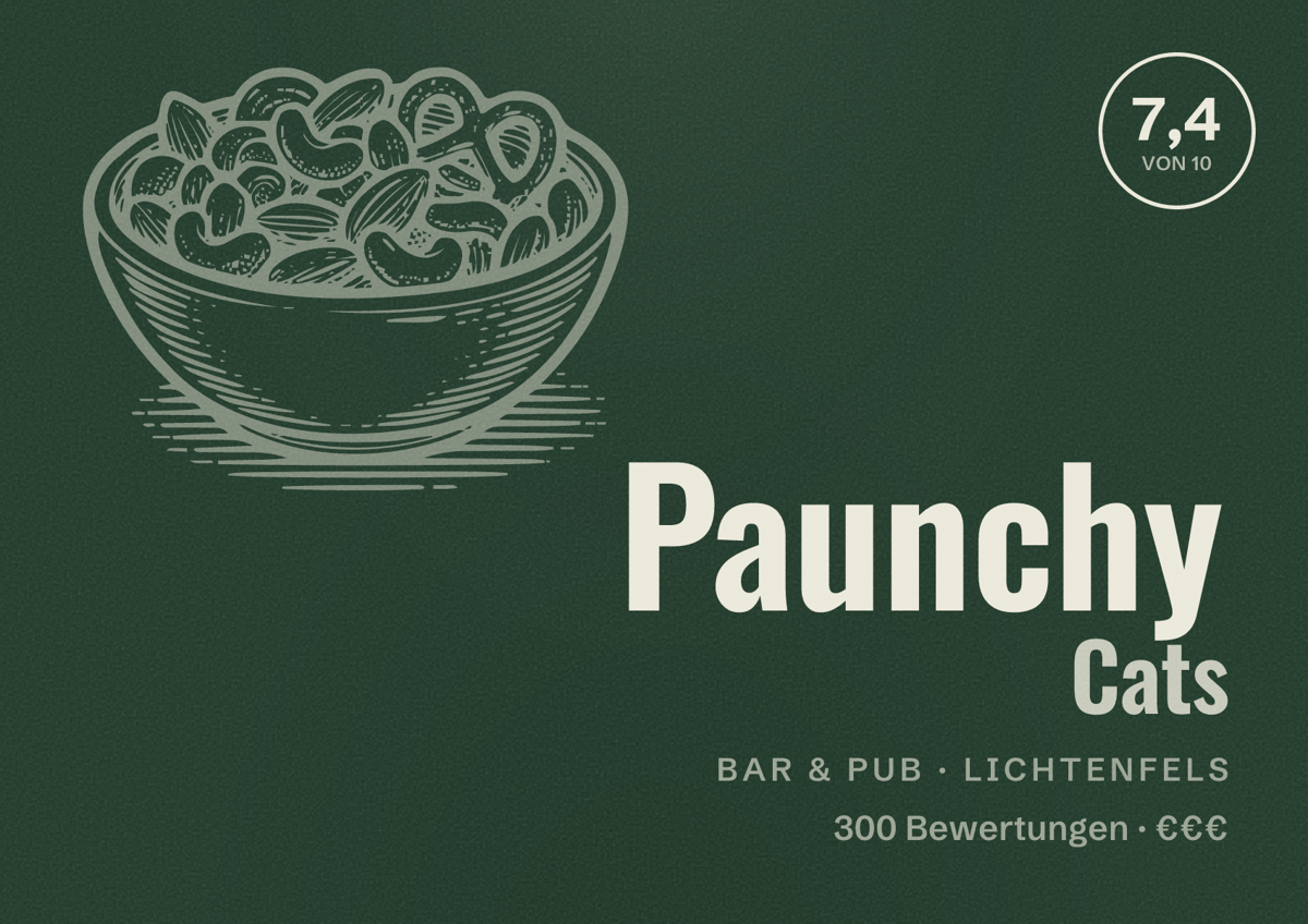 Illustriertes Poster von Paunchy Cats, Bar & Pub in Lichtenfels: Bewertung 7,4 von 10 aus 300 Bewertungen, Preisniveau €€€