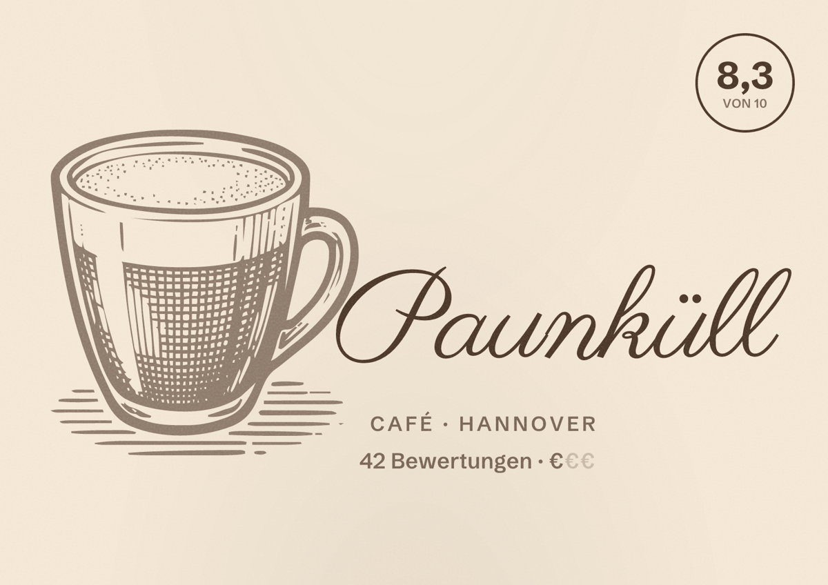 Illustriertes Poster von Paunküll, Café in Hannover: Bewertung 8,3 von 10 aus 42 Bewertungen, Preisniveau €