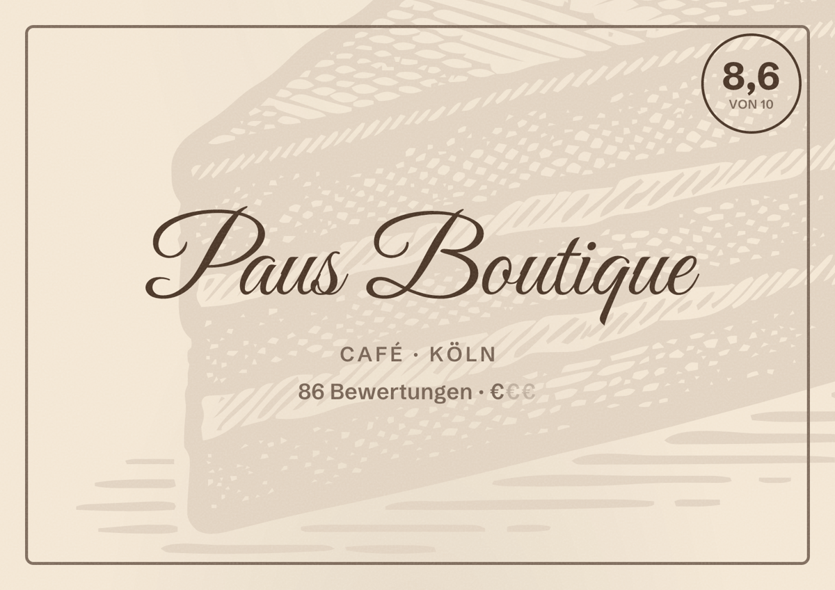 Illustriertes Poster von Paus Boutique, Café in Köln: Bewertung 8,6 von 10 aus 86 Bewertungen, Preisniveau €