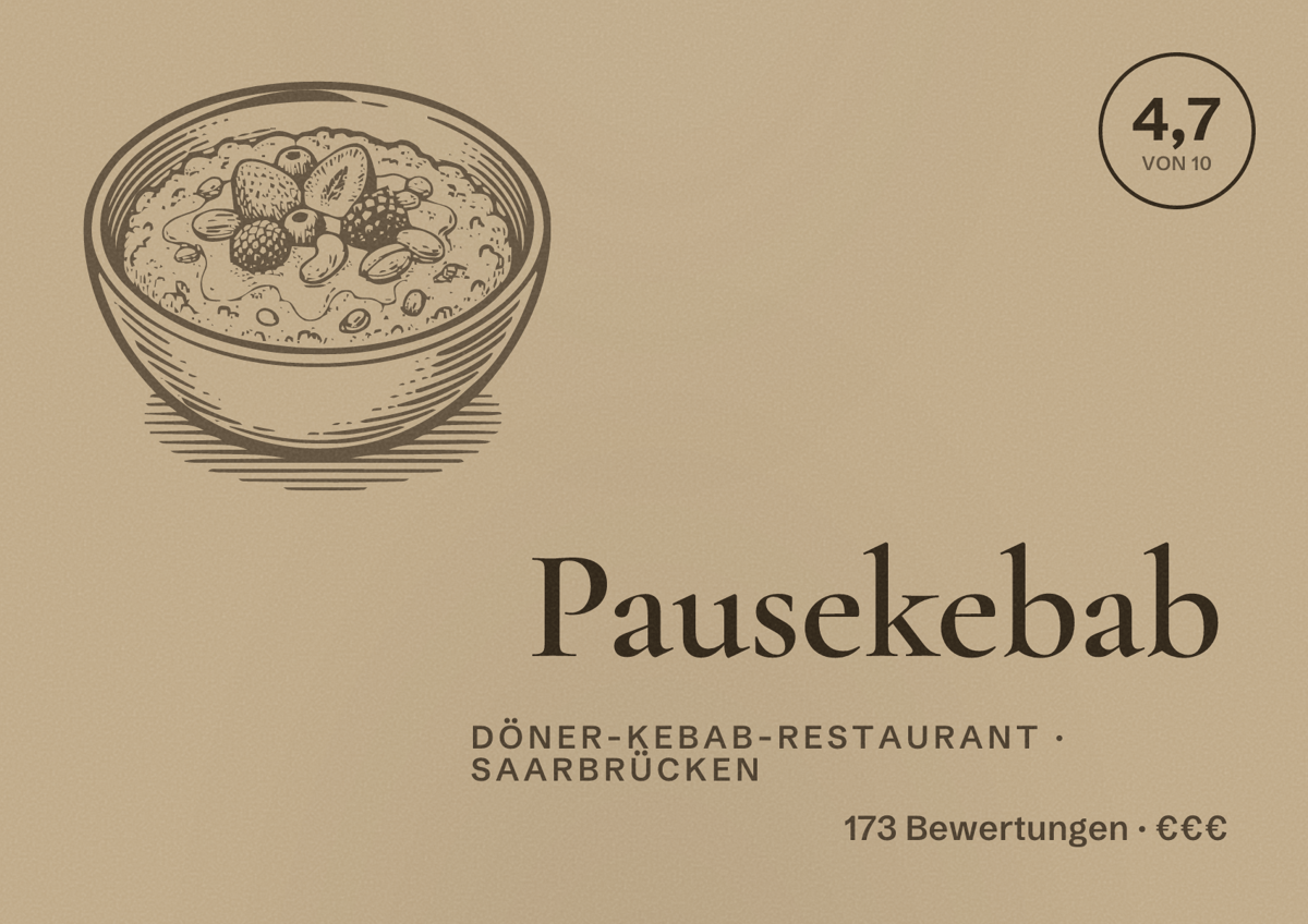 Illustriertes Poster von Pausekebab, Döner-Kebab-Restaurant in Saarbrücken: Bewertung 4,7 von 10 aus 173 Bewertungen, Preisniveau €€€