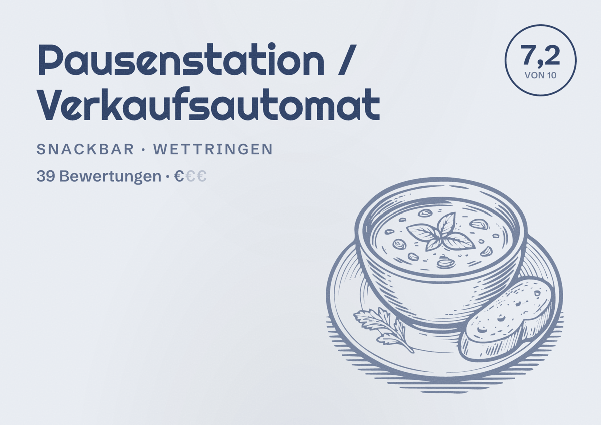 Illustriertes Poster von Pausenstation / Verkaufsautomat, Snackbar in Wettringen: Bewertung 7,2 von 10 aus 39 Bewertungen, Preisniveau €