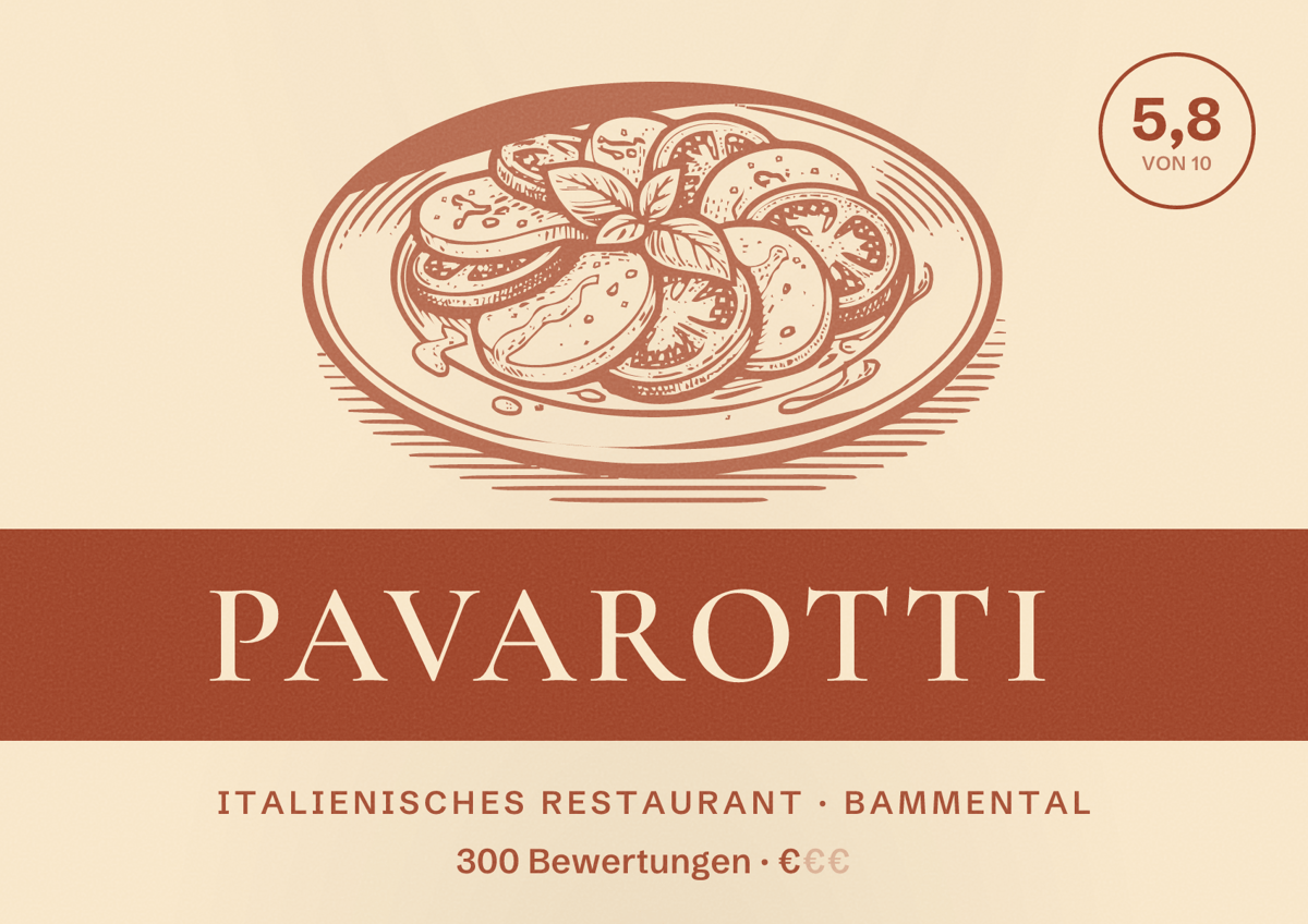 Illustriertes Poster von Pavarotti, Italienisches Restaurant in Bammental: Bewertung 5,8 von 10 aus 300 Bewertungen, Preisniveau €