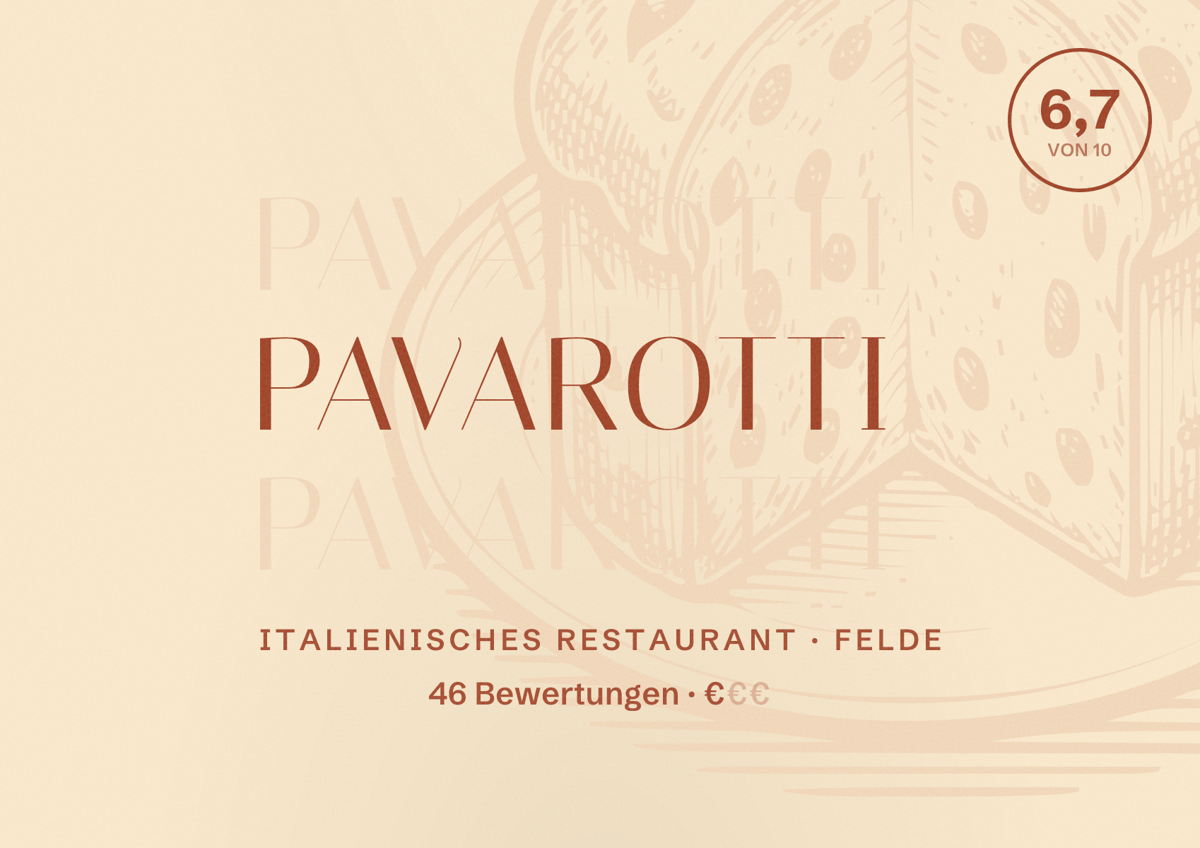 Illustriertes Poster von Pavarotti, Italienisches Restaurant in Felde: Bewertung 6,7 von 10 aus 46 Bewertungen, Preisniveau €
