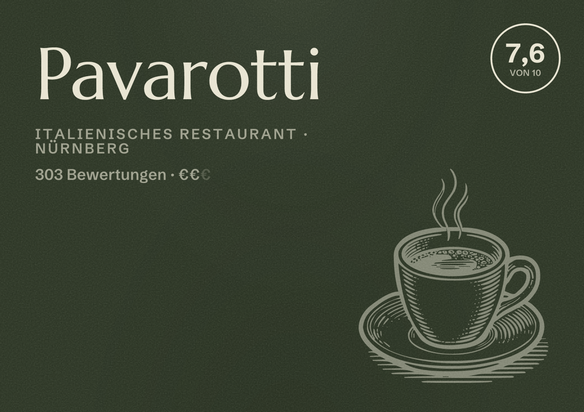 Illustriertes Poster von Pavarotti, Italienisches Restaurant in Nürnberg: Bewertung 7,6 von 10 aus 303 Bewertungen, Preisniveau €€