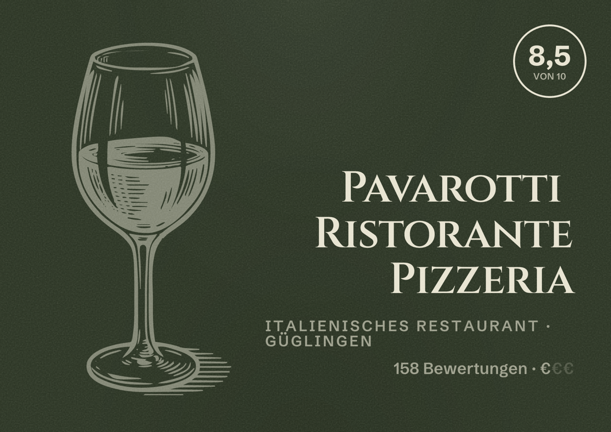 Illustriertes Poster von Pavarotti Ristorante Pizzeria, Italienisches Restaurant in Güglingen: Bewertung 8,5 von 10 aus 158 Bewertungen, Preisniveau €