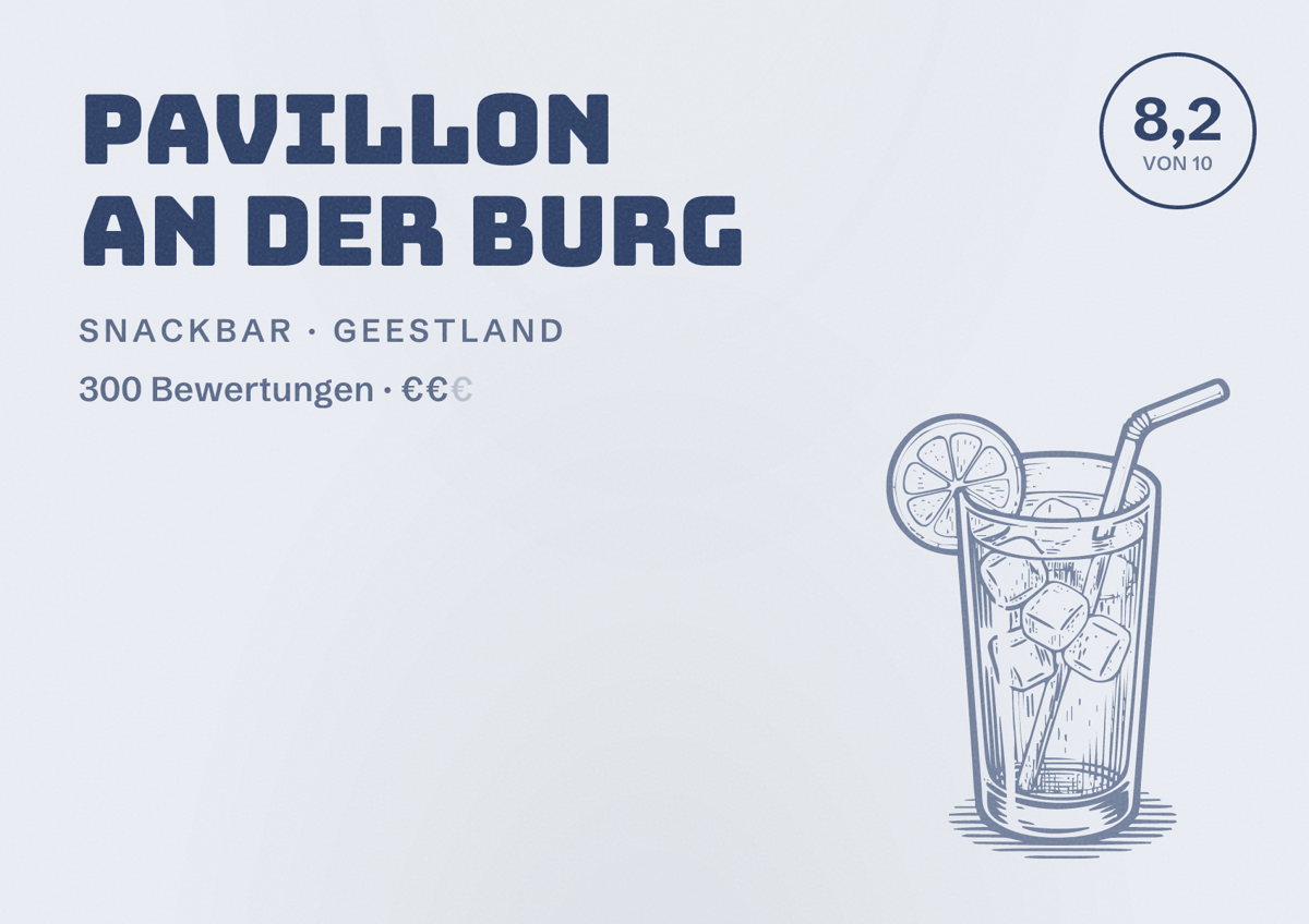 Illustriertes Poster von Pavillon an der Burg, Snackbar in Geestland: Bewertung 8,2 von 10 aus 300 Bewertungen, Preisniveau €€