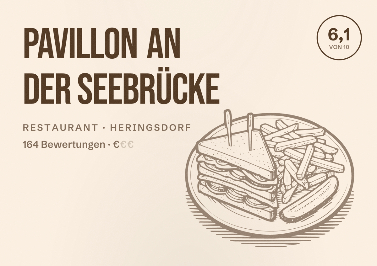 Illustriertes Poster von Pavillon an der Seebrücke, Restaurant in Heringsdorf: Bewertung 6,1 von 10 aus 164 Bewertungen, Preisniveau €