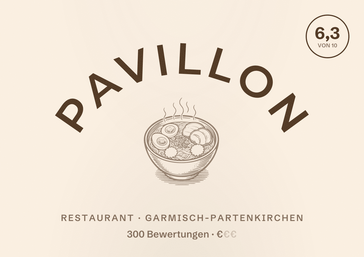 Illustriertes Poster von Pavillon, Restaurant in Garmisch-Partenkirchen: Bewertung 6,3 von 10 aus 300 Bewertungen, Preisniveau €