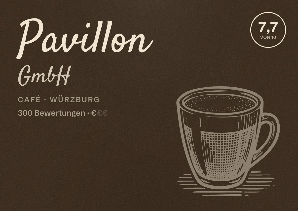 Illustriertes Poster von Pavillon GmbH, Café in Würzburg: Bewertung 7,7 von 10 aus 300 Bewertungen, Preisniveau €