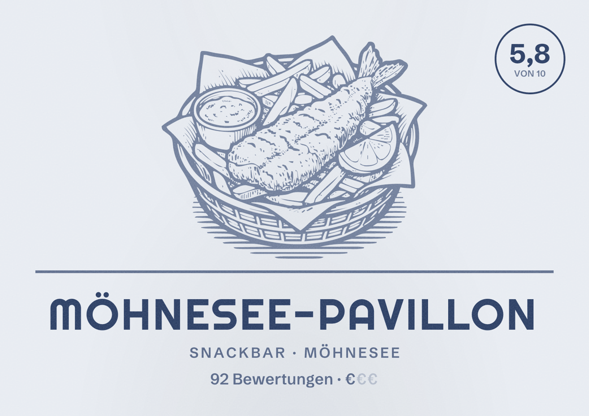 Illustriertes Poster von Möhnesee-Pavillon, Snackbar in Möhnesee: Bewertung 5,8 von 10 aus 92 Bewertungen, Preisniveau €