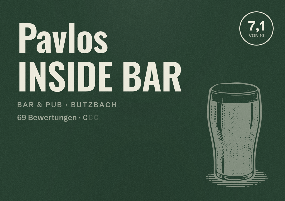 Illustriertes Poster von Pavlos INSIDE BAR, Bar & Pub in Butzbach: Bewertung 7,1 von 10 aus 69 Bewertungen, Preisniveau €