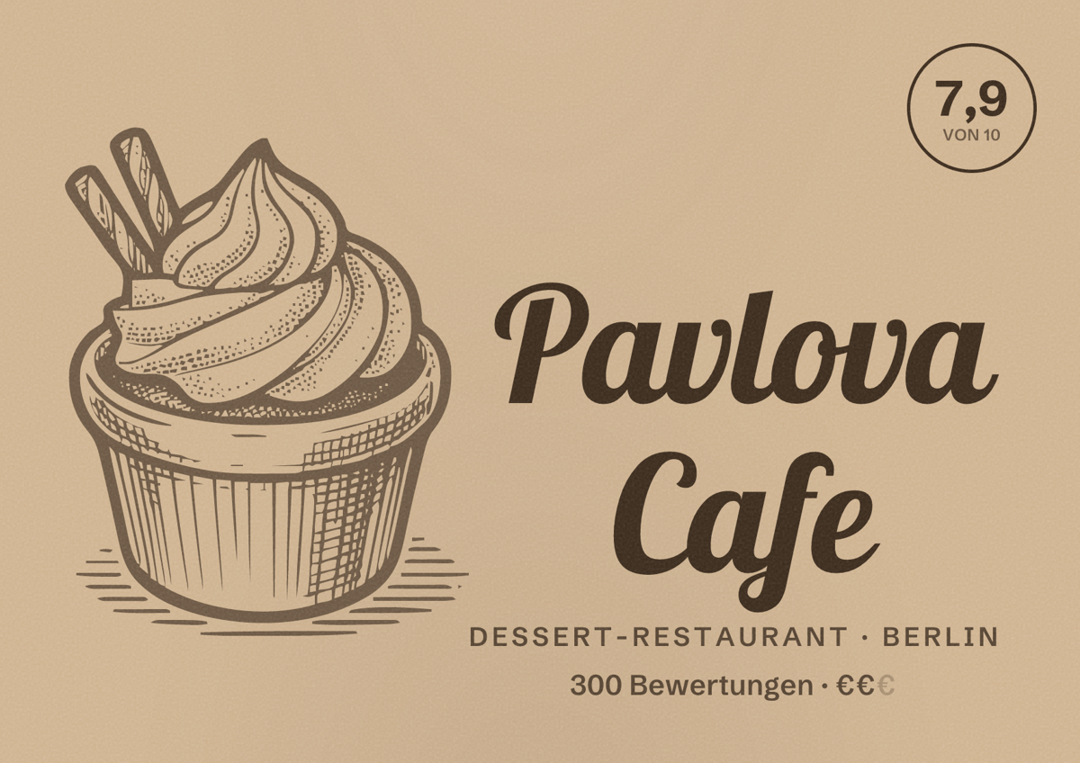 Illustriertes Poster von Pavlova Cafe, Dessert-Restaurant in Berlin: Bewertung 7,9 von 10 aus 300 Bewertungen, Preisniveau €€