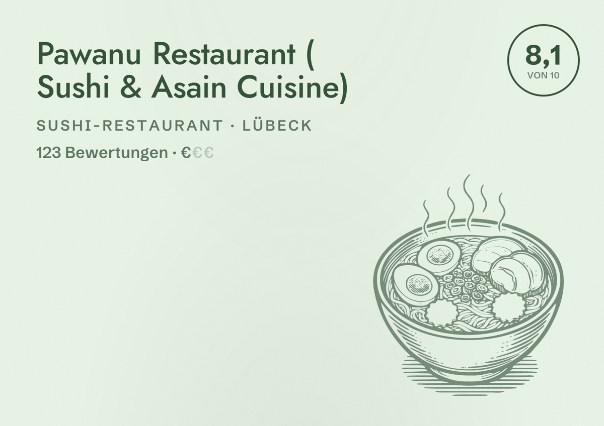 Illustriertes Poster von Pawanu Restaurant ( Sushi & Asain Cuisine), Sushi-Restaurant in Lübeck: Bewertung 8,1 von 10 aus 123 Bewertungen, Preisniveau €