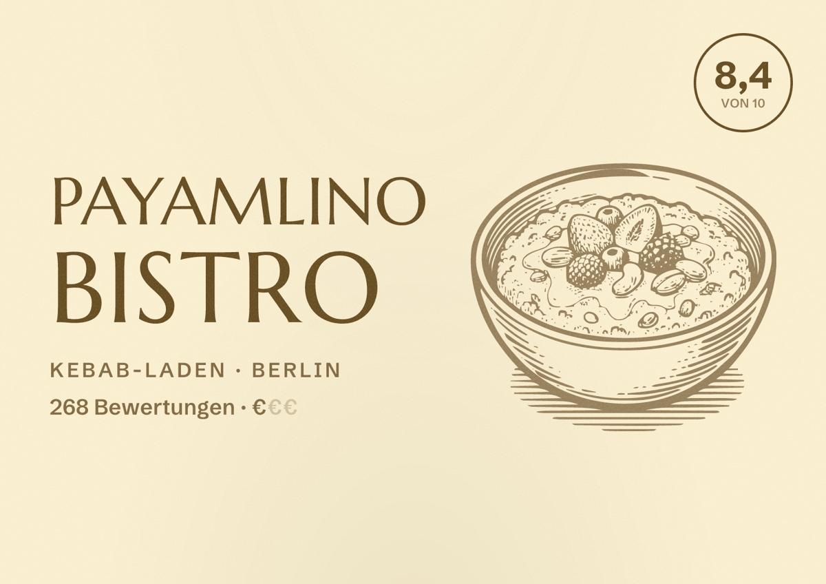 Illustriertes Poster von Payamlino Bistro, Kebab-Laden in Berlin: Bewertung 8,4 von 10 aus 268 Bewertungen, Preisniveau €