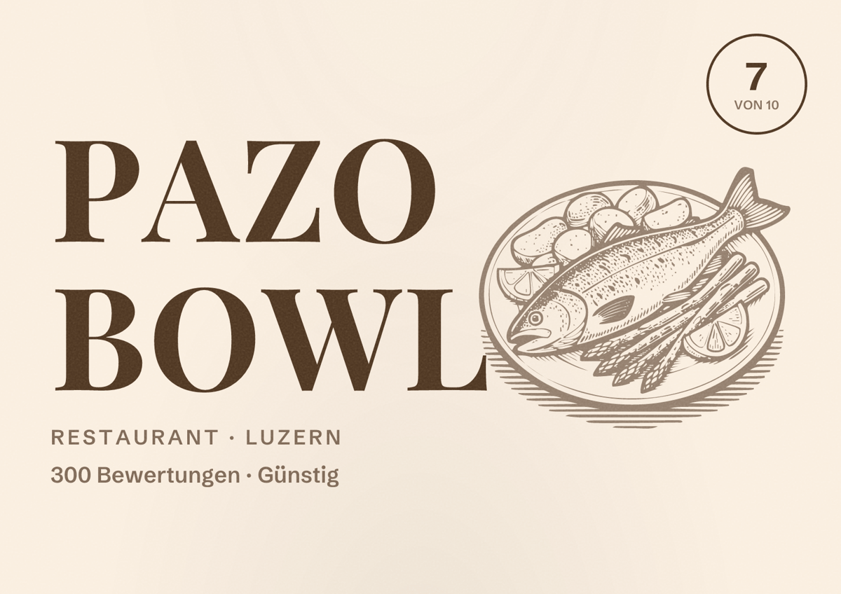 Illustriertes Poster von PazO Bowl, Restaurant in Luzern: Bewertung 7 von 10 aus 300 Bewertungen, Preisniveau Günstig