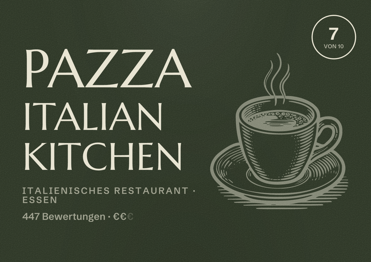 Illustriertes Poster von Pazza Italian Kitchen, Italienisches Restaurant in Essen: Bewertung 7 von 10 aus 447 Bewertungen, Preisniveau €€