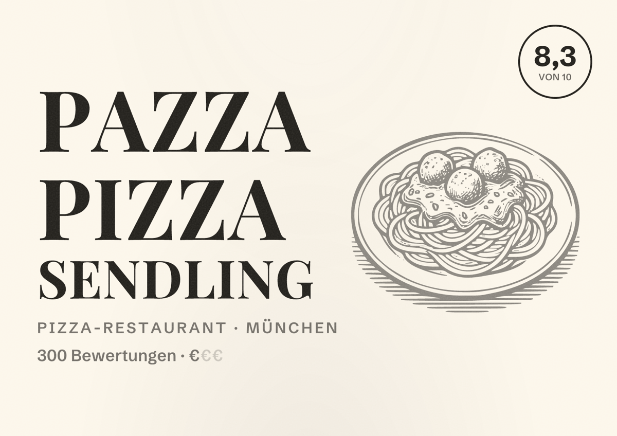 Illustriertes Poster von PAZZA Pizza Sendling, Pizza-Restaurant in München: Bewertung 8,3 von 10 aus 300 Bewertungen, Preisniveau €